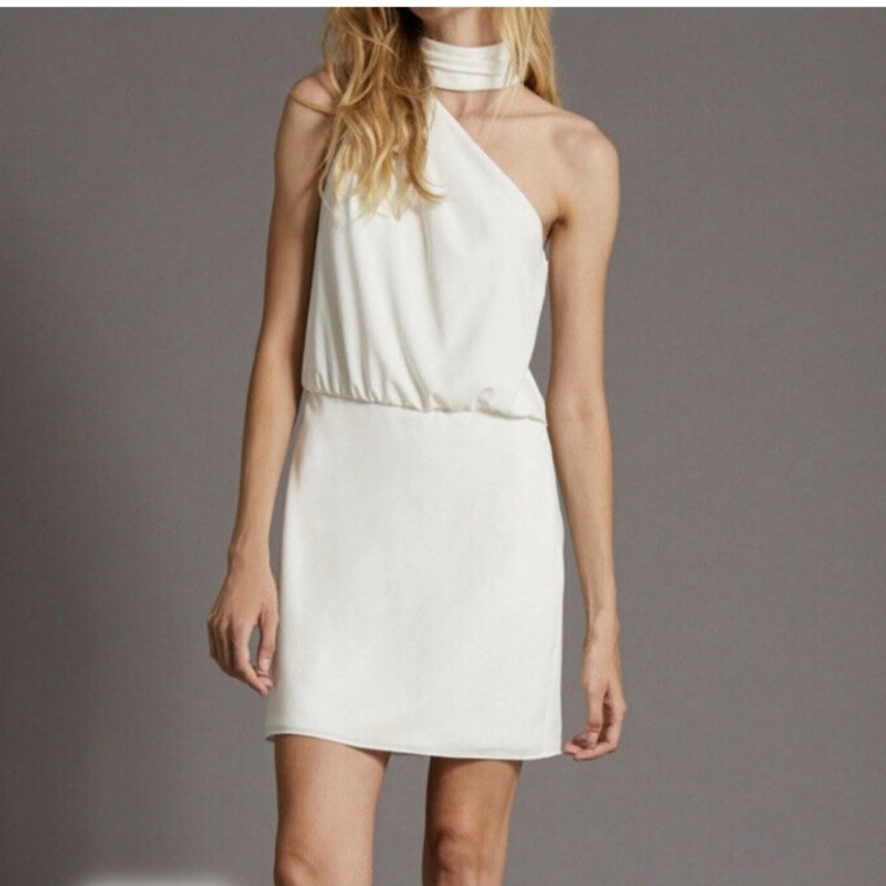 Halston One Shoulder Ivory Dress NWT Choke Collar Cocktail 12